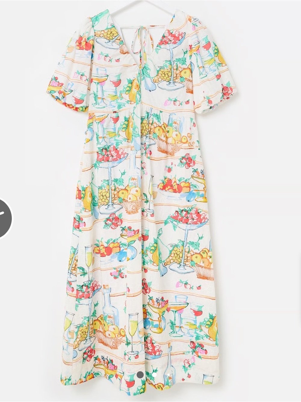 Oliver Bonas White Floral Embroidered Fruit Print Puff Sleeve Midi Dress US 4